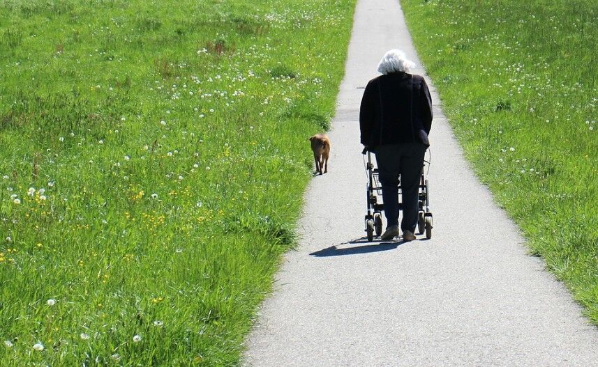 An elderly walking with a walker