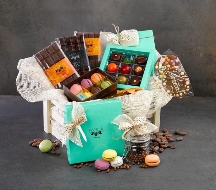 A gift basket filled with chocolates