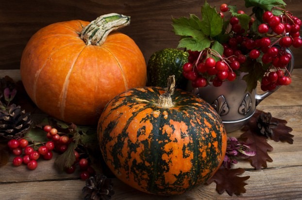 Fall pumpkin centerpiece along with some berries