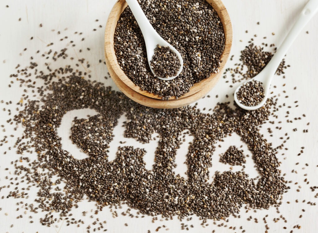Chia seeds. Chia word made from chia seeds. Selective focus