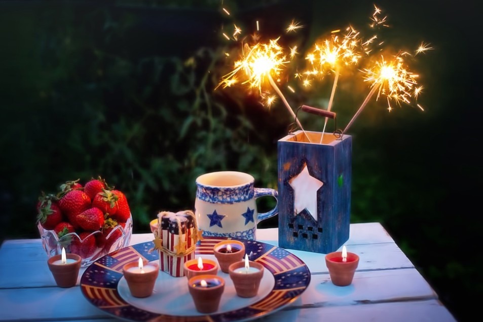 crafted candles, sparklers, case, and cup for the 4th of July