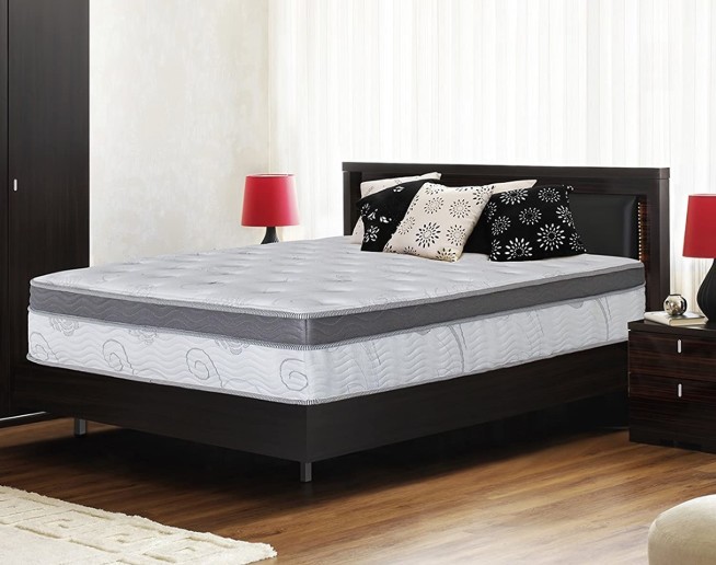 a-bedroom-with-a-black-bed-having-a-white-hybrid-mattress-on-the-top